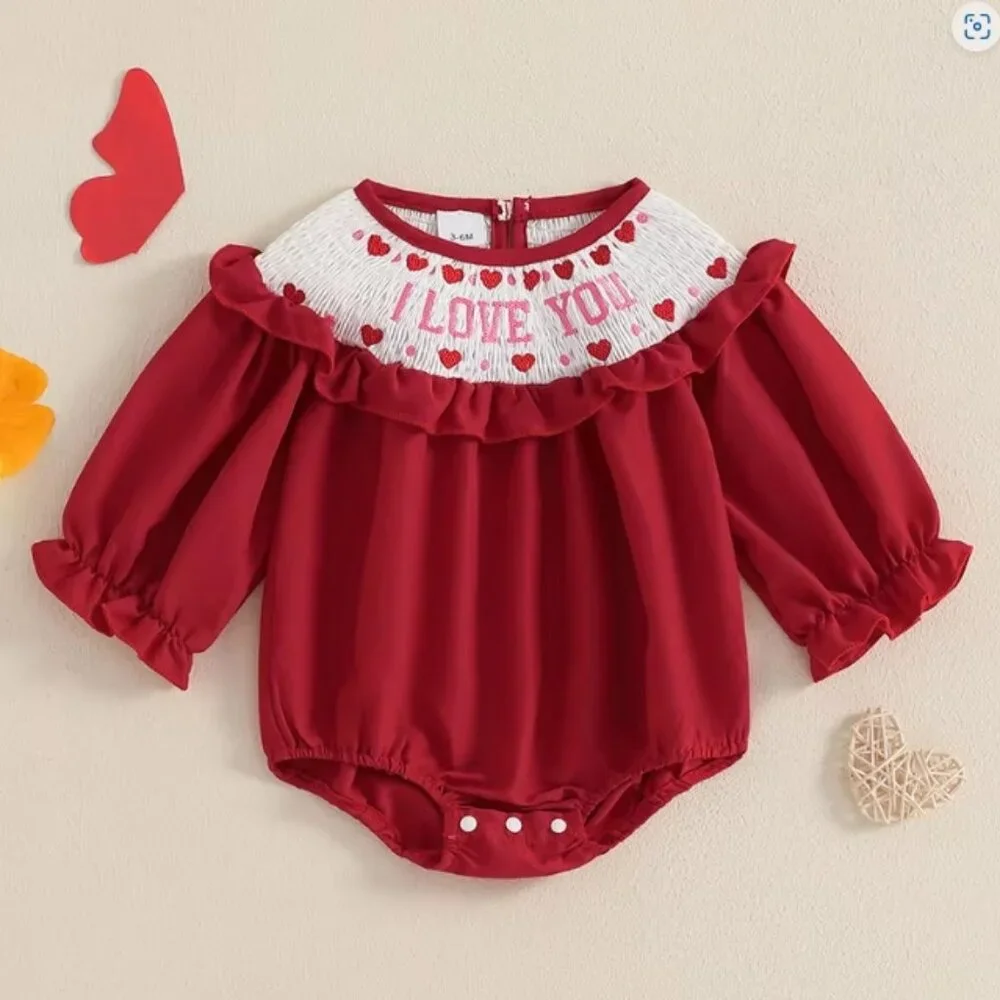 Valentine's Day Embroidered Smocked 'I Love You' Baby Girls Romper Jumpsuit